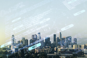 Fototapeta na wymiar Abstract virtual coding concept and world map hologram on Los Angeles skyline background. Multiexposure