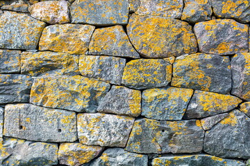 Old gray wall of stone blocks covered with yellow lichen