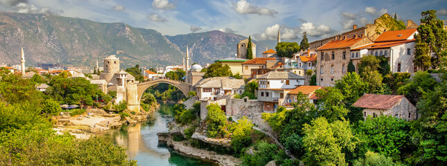 Panorama Mostar bridge in Bosnia and Herzegovina. Colorful landscape - obrazy, fototapety, plakaty