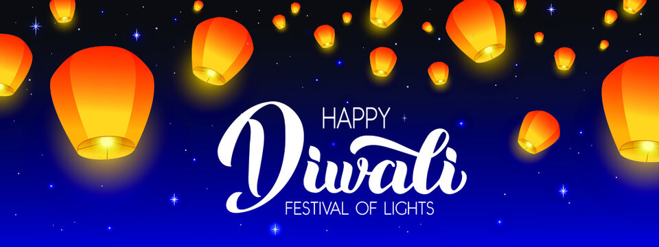 Happy Diwali - vector handwritten lettering. Modern calligraphy on night background with Flying Sky lanterns. Horizontal illustration for your poster, postcard, invitation or greeting card design.