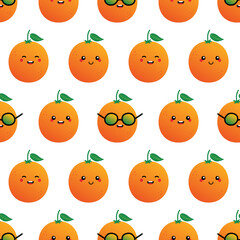 Cute cartoon style orange, mandarin fruit characters vector seamless pattern background.