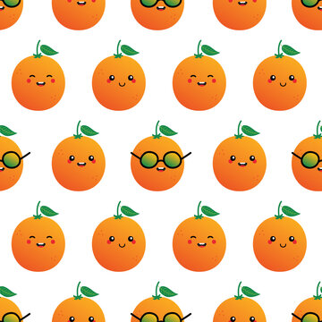 Cute cartoon style orange, mandarin fruit characters vector seamless pattern background.