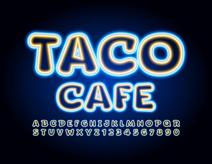 Vector neon banner Taco Cafe. Yellow and Blue glowing Font. Bright electric Alphabet Letters and Numbers