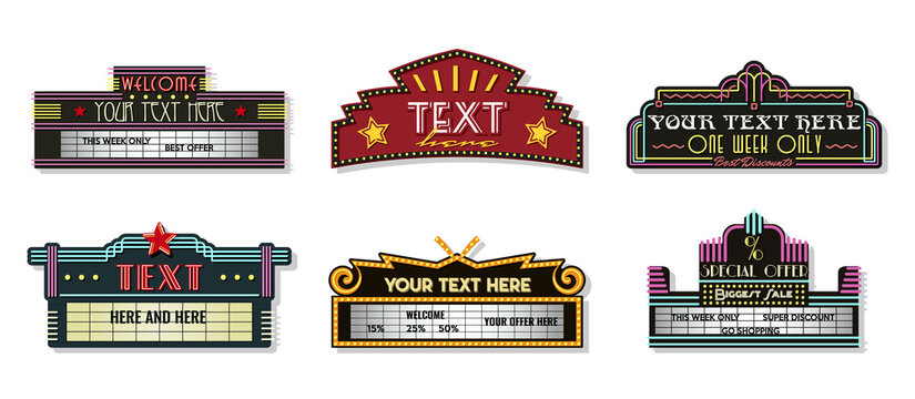 Retro Cinema Theater Signboards Templates 1920s Style Neon Signboards