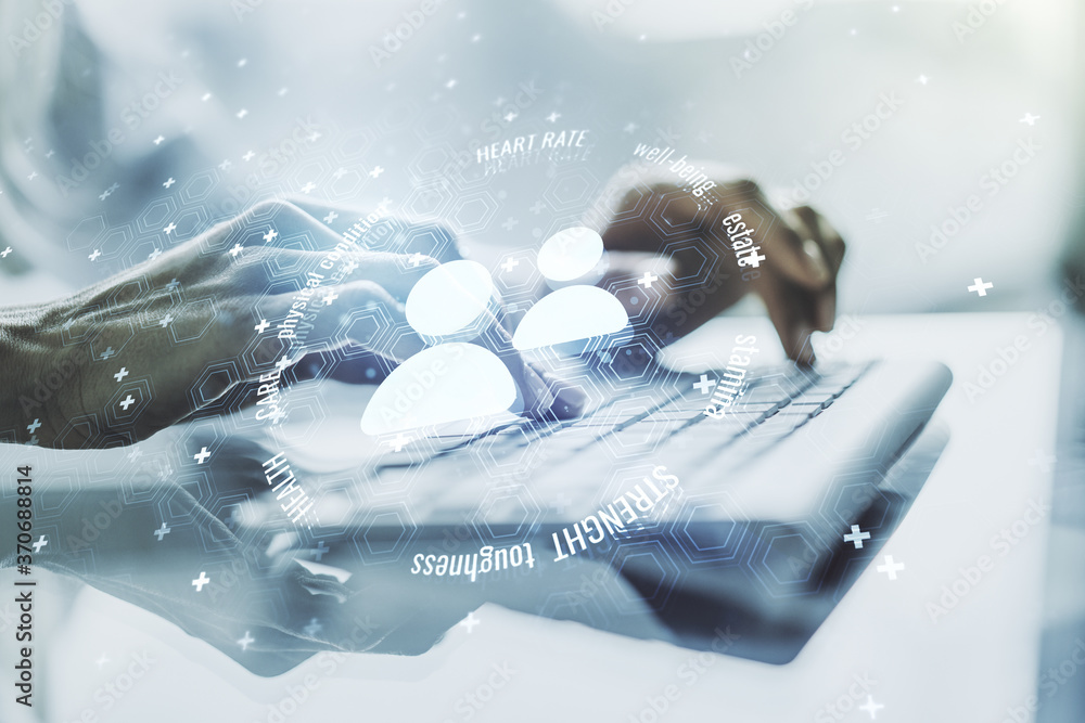 Poster creative abstract people icons hologram and hands typing on computer keyboard on background, life an