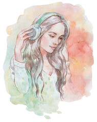 young woman listening music with headphones