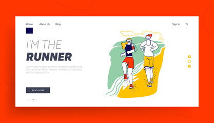 Obraz na płótnie Canvas Characters Summertime Sport Activity Landing Page Template. Happy Couple in Sports Wear and Sneakers Running Along Beach