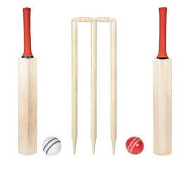 cricket bat, stumps, bails, red ball and white ball isolated on white background, wooden cricket...