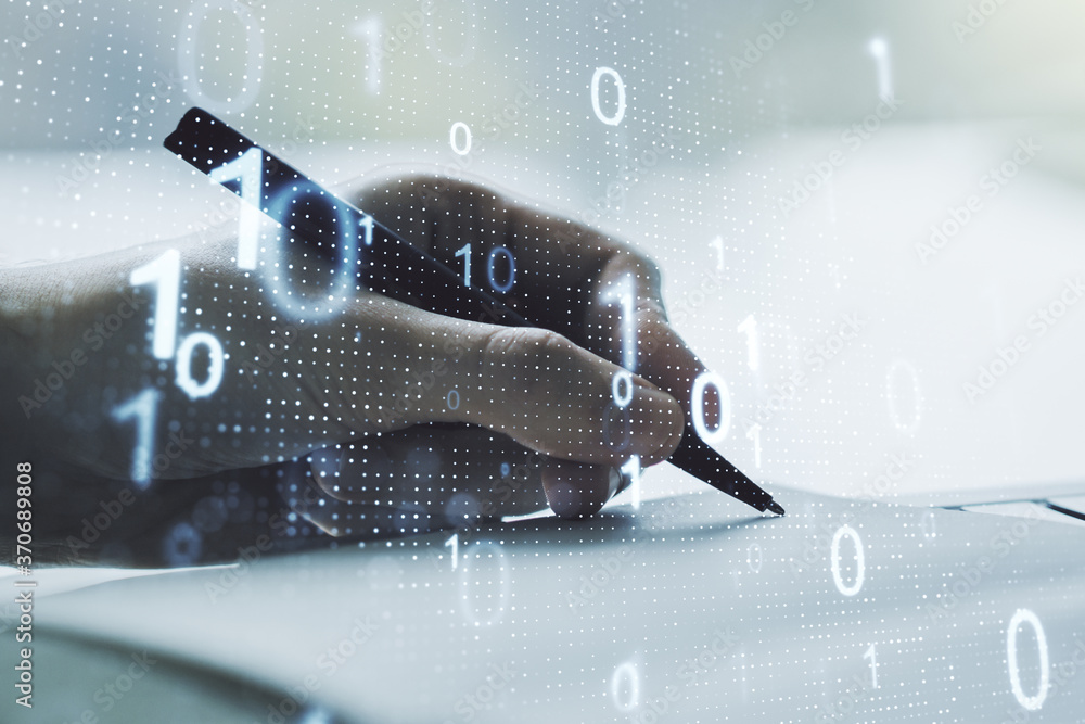 Leinwandbilder double exposure of creative abstract binary code hologram and man hand writing in notebook on backgr