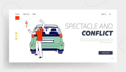 Upset Driver after Car Accident on Road Landing Page Template. Stressed Male Character Yelling and Waving Fists