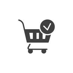 Shopping cart with check mark vector icon. filled flat sign for mobile concept and web design. Successful purchase glyph icon. Symbol, logo illustration. Vector graphics