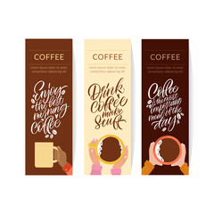 Mug in hand and the phrase lettering about coffee. Graphic design lifestyle lettering. Handwritten lettering design elements for cafe decoration and shop advertising. Coffee banner collection.