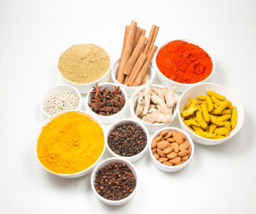 indian spices isolated on white background.