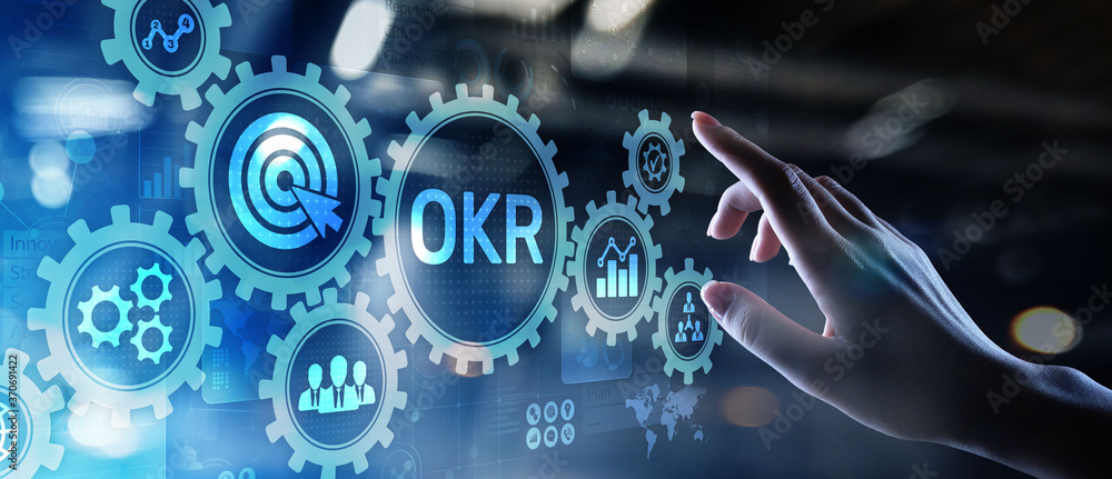 Poster objective key results business technology process improvement concept on virtual screen.