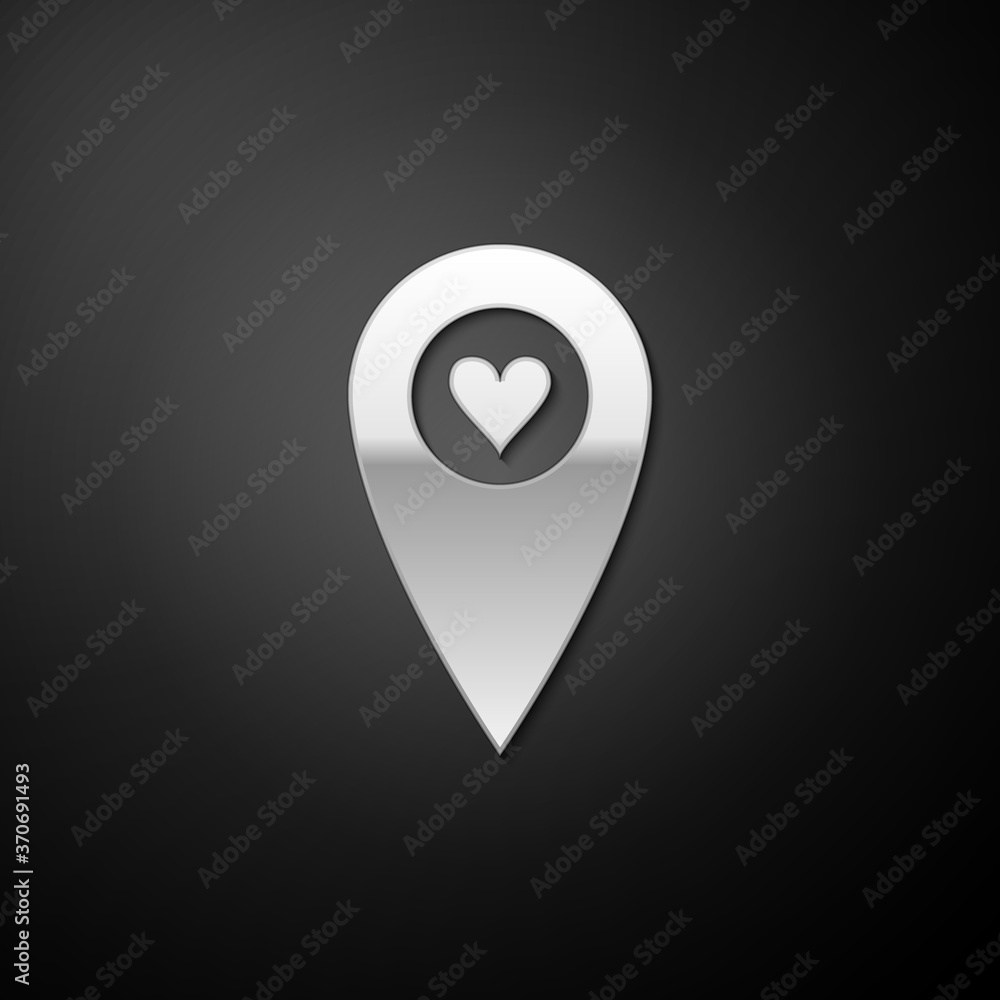 Poster silver map pointer with heart icon isolated on black background. valentines day. love location. roma