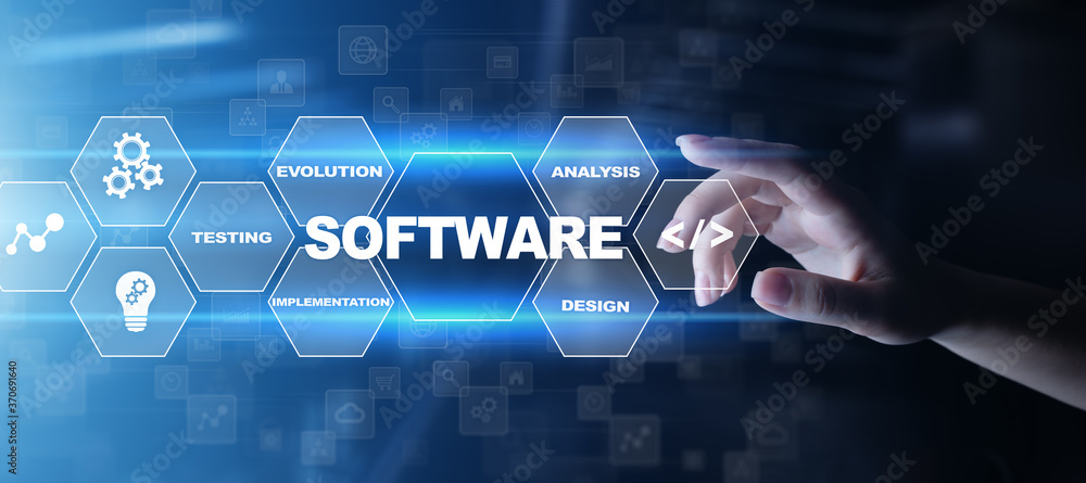 Poster software development and business process automation, internet and technology concept on virtual scr