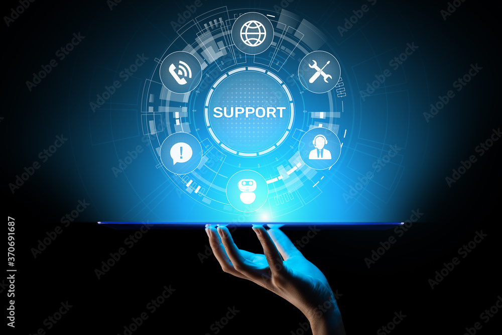 Poster Support button on virtual screen. Customer service and communication concept.