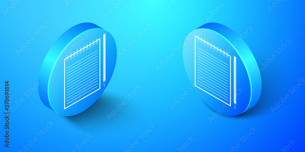 Poster isometric blank notebook and pencil with eraser icon isolated on blue background. blue circle button