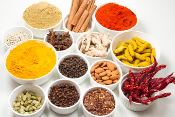 indian spices isolated on white background.