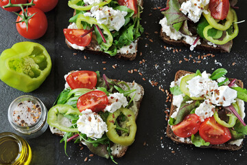 Healthy toast with white cheese and vegetables. The keto diet. Keto snack.