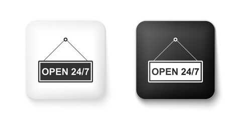Black and white Hanging sign with text Open 24-7 hours icon isolated on white background. Business theme for cafe or restaurant, club and bar. Square button. Vector.