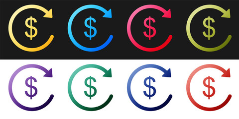 Set Refund money icon isolated on black and white background. Financial services, cash back concept, money refund, return on investment, currency exchange. Vector.