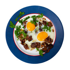 Tasty breakfast, fried eggs with saffron milk cap mushrooms and onion. Isolated over white background