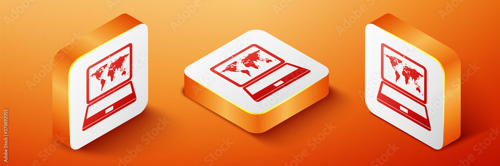 Poster isometric laptop with world map on screen icon isolated on orange background. world map geography sy
