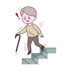 계단사고 일러스트. 할아버지가 발을 헛디디고 있다.