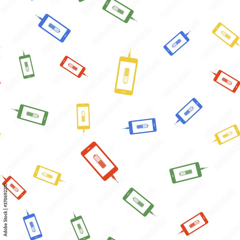 Poster color smartphone battery charge icon isolated seamless pattern on white background. phone with a low