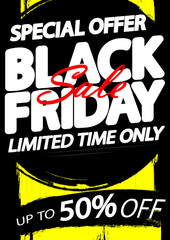 Black Friday Sale, up to 50% off, poster design template, discount horizontal banner, vector illustration