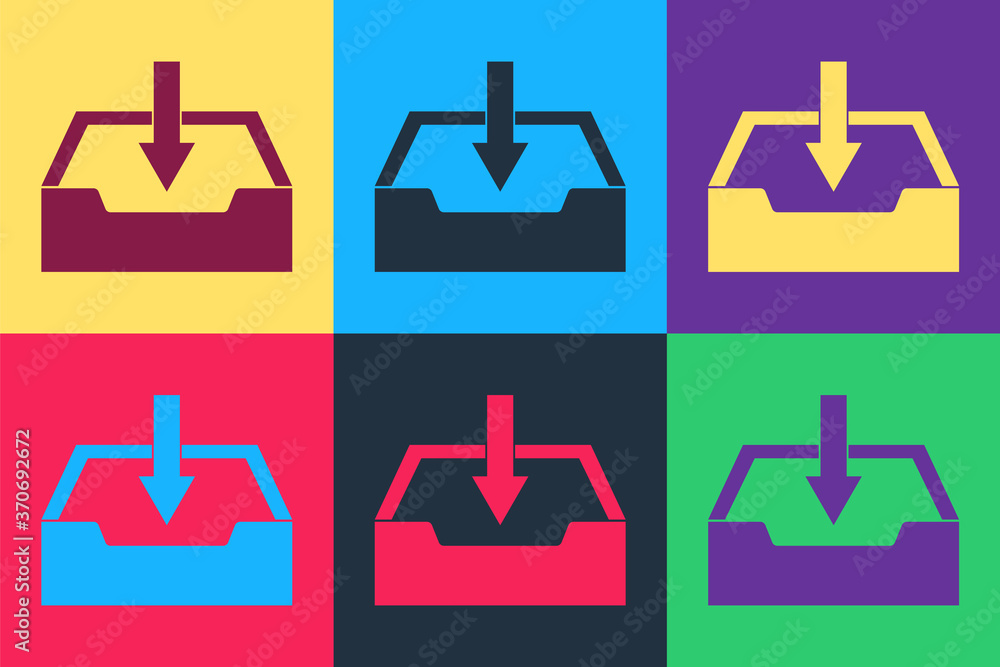 Aufkleber pop art download inbox icon isolated on color background. vector.