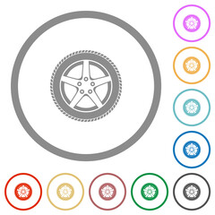 Car wheel flat icons with outlines