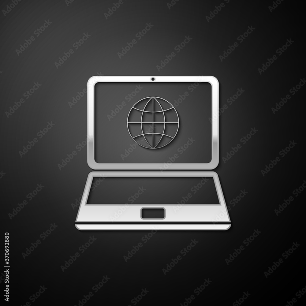 Poster silver globe on screen of laptop icon isolated on black background. notebook computer with globe sig