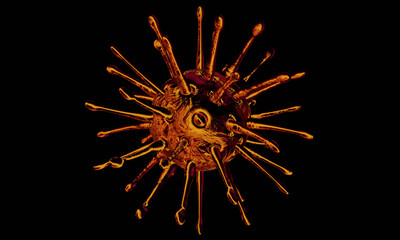 Model for Coronavirus Covid-19 outbreak and coronaviruses influenza concept  on a black background as dangerous flu strain cases as a pandemic medical health risk  with disease cell as a 3D render