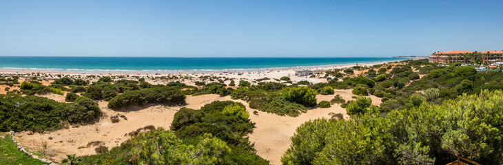 Fototapeta na wymiar Sand dunes that give access to La Barrosa beach in Sancti Petri, Cádiz, Spain.