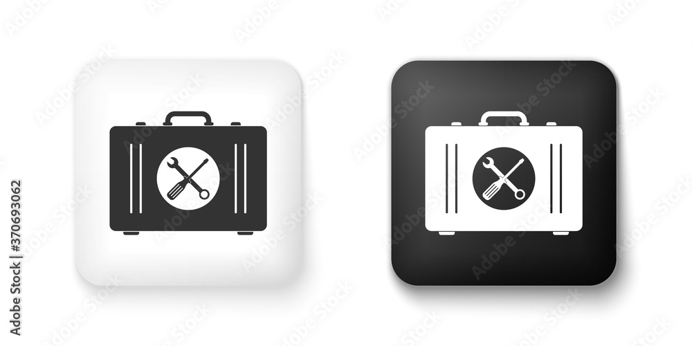 Poster black and white toolbox icon isolated on white background. tool box sign. square button. vector.