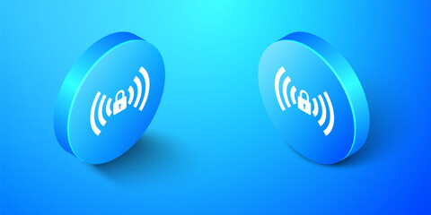 Isometric Wifi locked sign icon isolated on blue background. Password Wi-fi symbol. Wireless Network icon. Wifi zone. Blue circle button. Vector.
