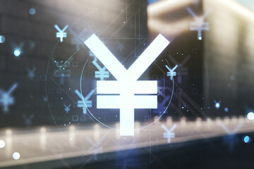Abstract virtual Japanese Yen symbol hologram on blurry contemporary office building background, forex and currency concept. Multiexposure