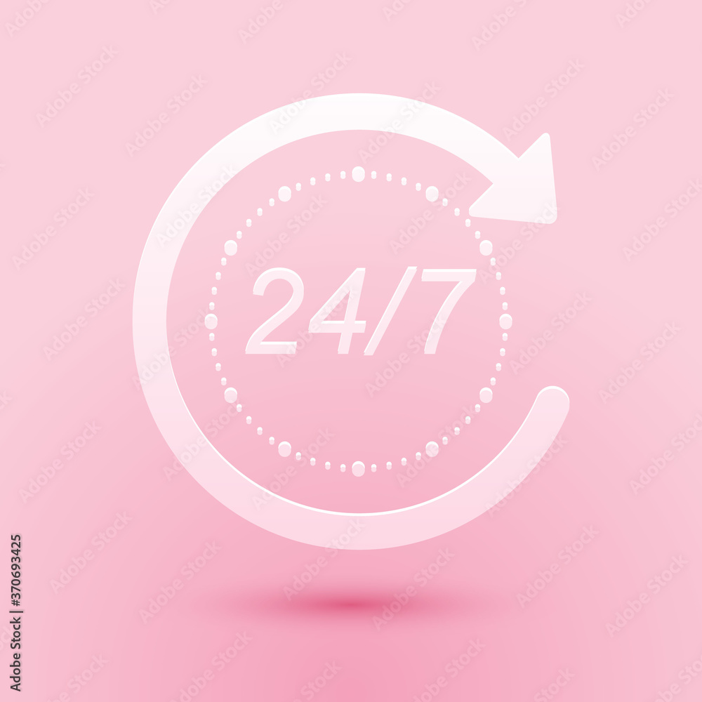 Poster paper cut open 24 hours a day and 7 days a week icon isolated on pink background. all day cyclic ico