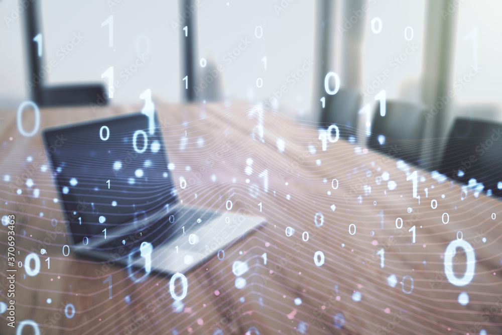 Poster creative concept of binary code illustration on modern laptop background. big data and coding concep