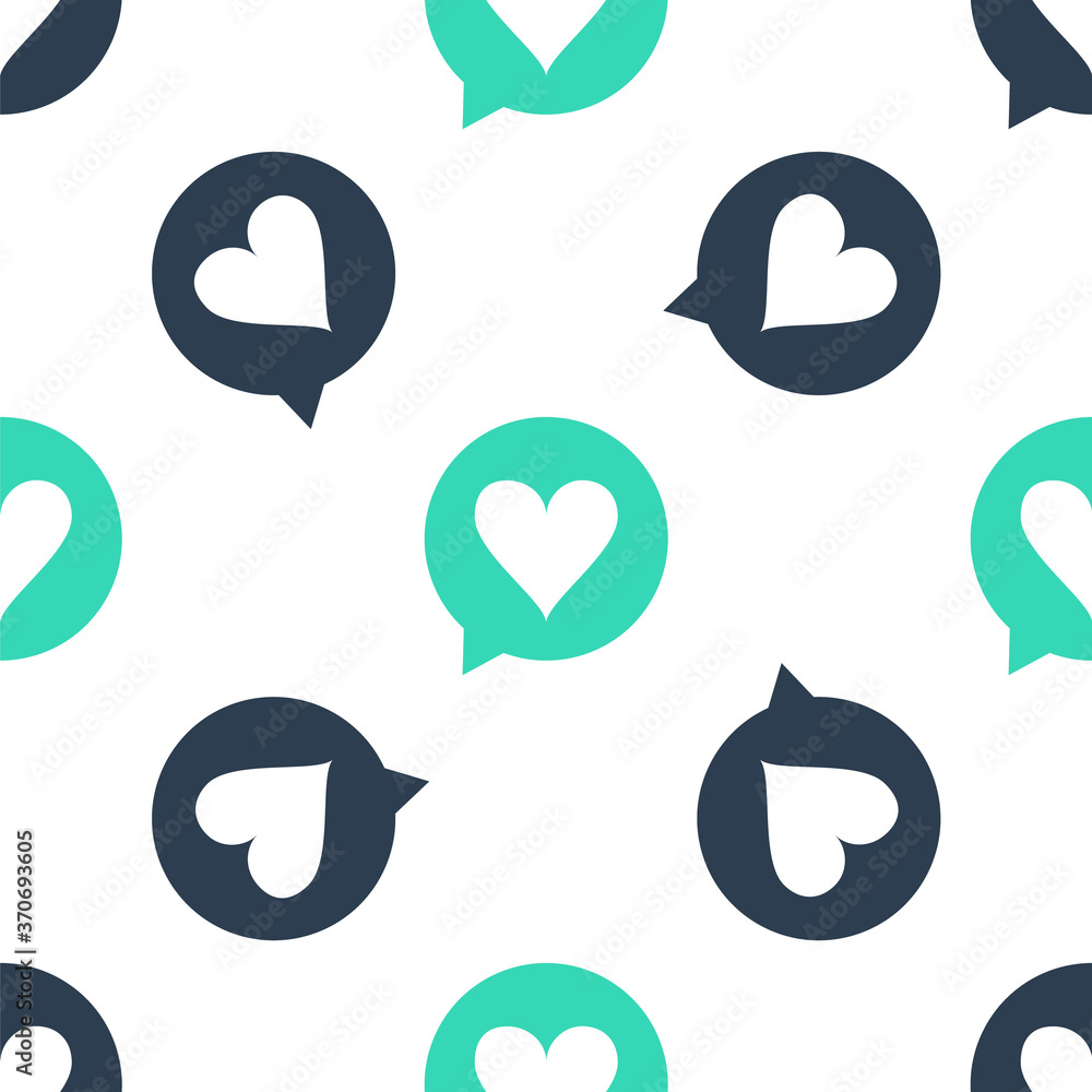 Poster green heart in speech bubble icon isolated seamless pattern on white background. heart shape in mess