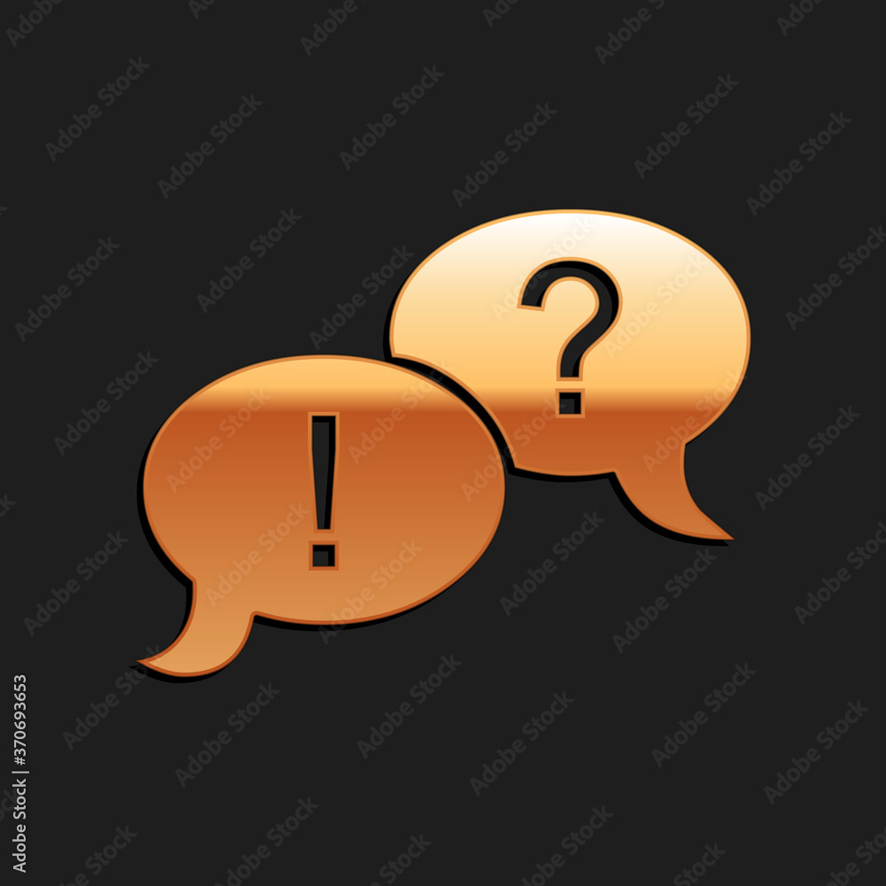 Poster gold speech bubbles with question and exclamation marks icon isolated on black background. faq sign.