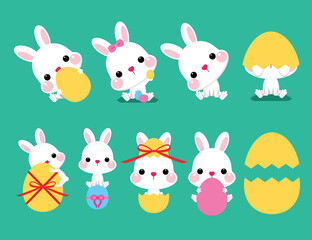 Collection of Easter bunny and egg, vector illustration. Easter cartoon bunny isolated on green background.
