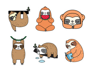 Set of Cute cartoon sloth vector graphic design. Adorable hand drawn sloth characters hanging on the tree. Illustration for nursery design, poster, greeting, birthday card, baby shower and party. © laias