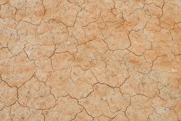 Nature background of cracked dry lands. Natural texture of soil with cracks. Broken clay surface of barren dryland wasteland close-up. Full frame to terrain with arid climate. Lifeless desert on earth