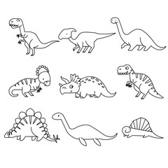 Set of cartoon dinosaurs. Cute dino. Black and white vector illustration for coloring book