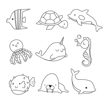 Vector doodle set of sea elements isolated on white background. Sea animals coloring page for kids. 
