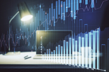 Multi exposure of abstract creative financial chart on computer background, research and analytics concept