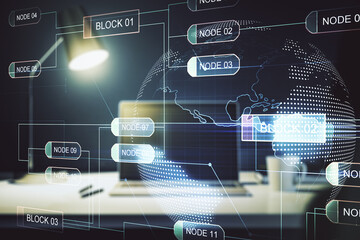 Multi exposure of abstract programming language hologram with world map on computer background, artificial intelligence and neural networks concept
